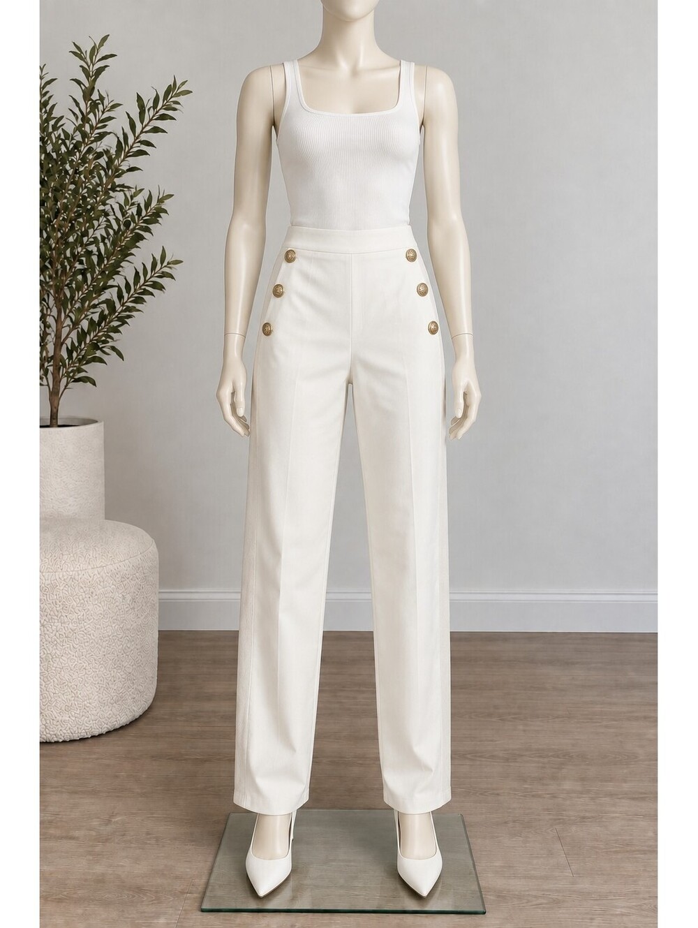 ZARA White Straight Pants XS Gold Buttons 8372/050